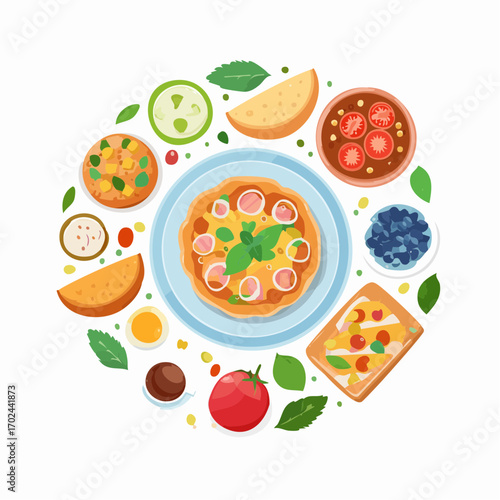 Colorful and Delicious Assortment of Pizza Vegetables and Fruits Arranged in a Circle