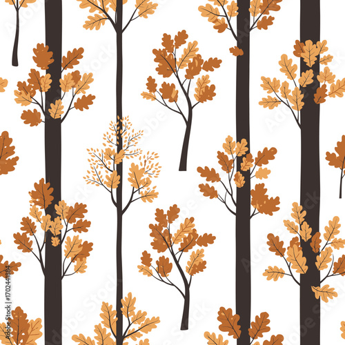 Autumn trees pattern with brown and orange leaves on white background.