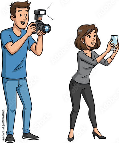 Man taking photo with DSLR camera, woman taking selfie with smartphone, casual outfit, photography concept, flat vector illustration