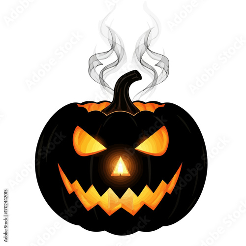 Scary black jack o lantern with smoke silhouette isolated on white background