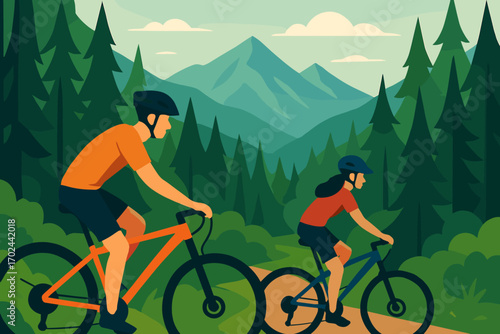 Couple mountain biking through forest trail with scenic mountain landscape in flat illustration style