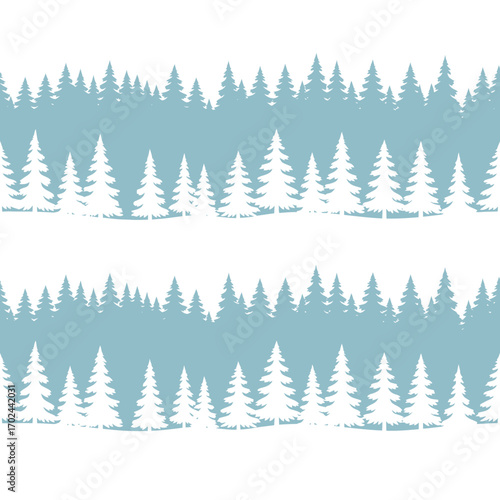 A seamless pattern featuring rows of white pine trees against a light blue background.