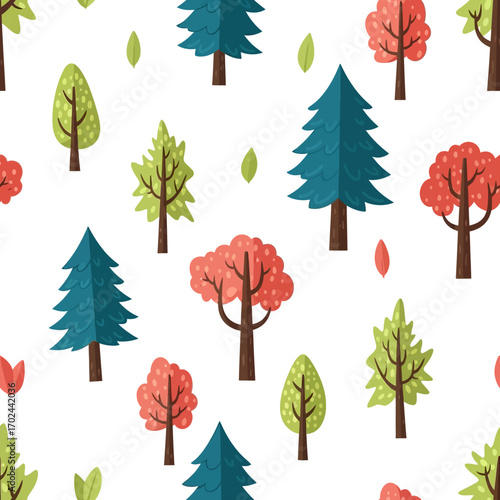 Seamless pattern with various colorful cartoon trees and autumn leaves on a white background, ideal for fabric or wallpaper design.