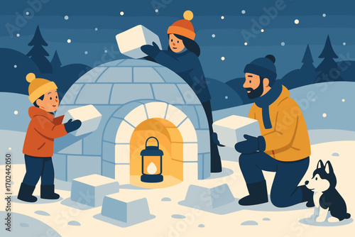 Father and children building an igloo together on a snowy winter night with husky puppy and glowing lantern