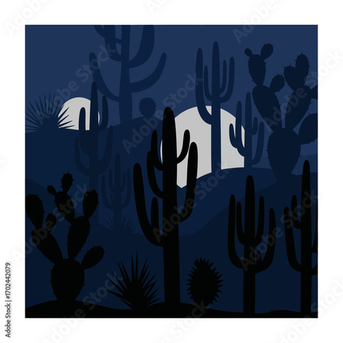 Night desert landscape with cacti silhouettes and moon.
