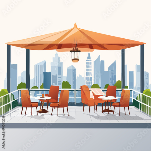 Rooftop Terrace with Orange Accents Overlooking a Stylized Cityscape