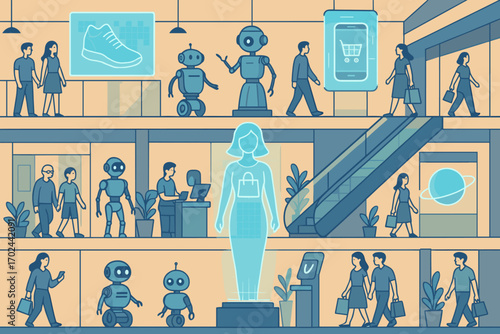 Futuristic shopping mall with robots, holograms, and advanced technology in a modern retail environment