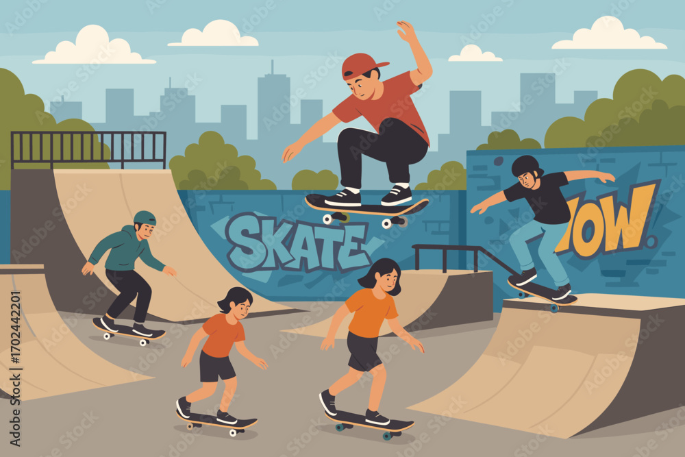 custom made wallpaper toronto digitalGroup of kids and teens skateboarding at city skatepark with ramps and graffiti, flat style urban sports illustration