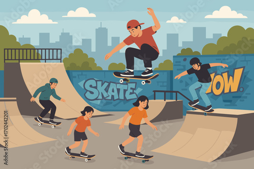 Group of kids and teens skateboarding at city skatepark with ramps and graffiti, flat style urban sports illustration