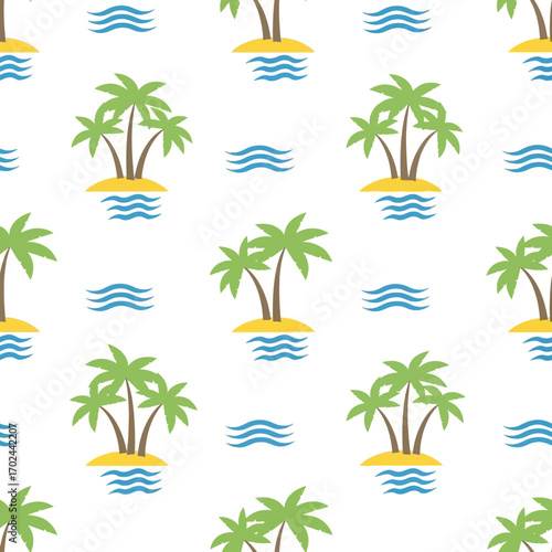 Seamless pattern featuring cartoon islands with palm trees and blue waves on a white background, evoking a tropical and vacation theme.