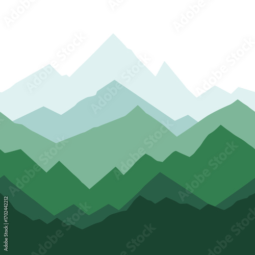 Illustration of a mountain range with varying shades of green and blue.