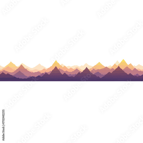 A stylized, pixelated mountain range with layers of purple and orange hues against a white background.