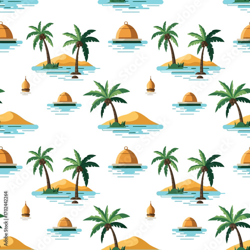 Seamless tropical island pattern featuring palm trees, sand, water, and buoys on a white background.