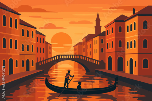 Gondola ride through Venetian canal at golden sunset, romantic cityscape illustration with bridge and historic buildings