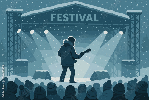 Musician playing guitar on snowy outdoor festival stage at night, winter concert illustration with audience in warm clothes