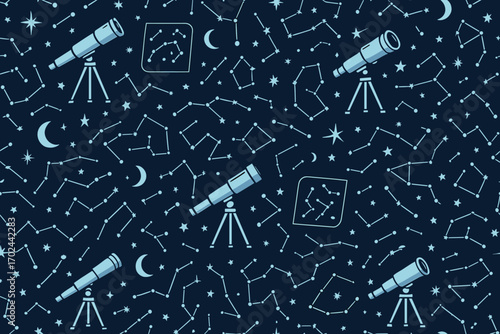 Seamless astronomy pattern with telescopes, constellations, stars and crescent moons, night sky science background in blue tones for space exploration and stargazing themes
