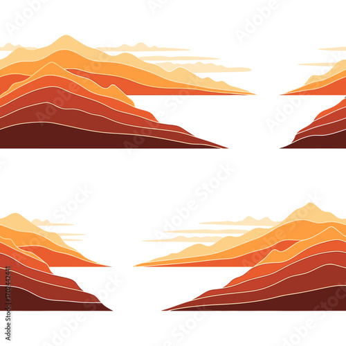 A seamless pattern of stylized, layered mountain ranges in warm, earthy color gradients.