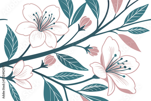 Vector art of cherry blossom branch with pink flowers and green leaves, a delicate symbol of spring, renewal, and ephemeral beauty