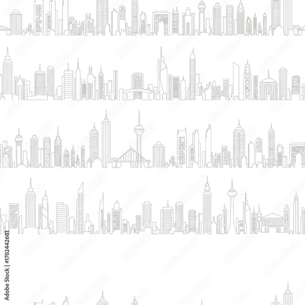 Fototapeta premium Seamless pattern of minimalist city skylines with various famous buildings and skyscrapers in outline style, suitable for backgrounds or design elements.