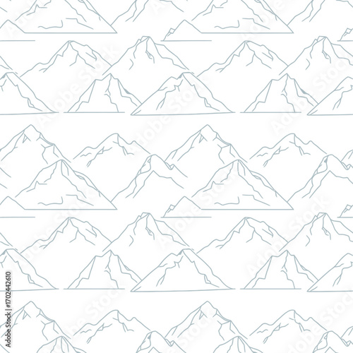 Repeating pattern of stylized mountain peaks in a minimalist, linear style, on a white background.