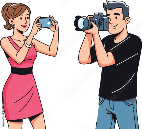 Couple taking photos, man with professional camera, woman using smartphone, photography hobby scene, flat vector illustration, cartoon character design