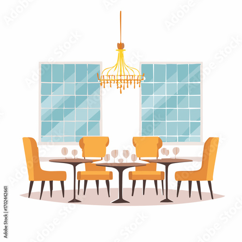 Elegant Dining Room Scene with Chairs Tables and Chandelier