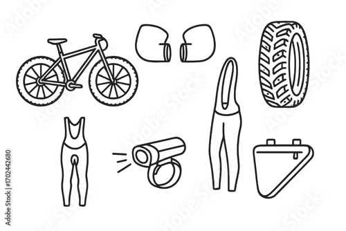Minimalist line icons of mountain biking gear and accessories including bike, light, apparel, and parts