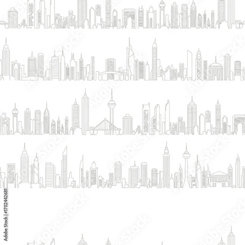 Seamless pattern of minimalist city skylines with various famous buildings and skyscrapers in outline style, suitable for backgrounds or design elements.