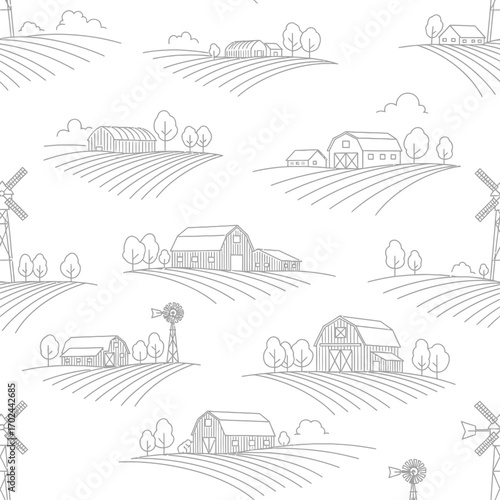 Seamless pattern with farmhouses and fields in line art style.