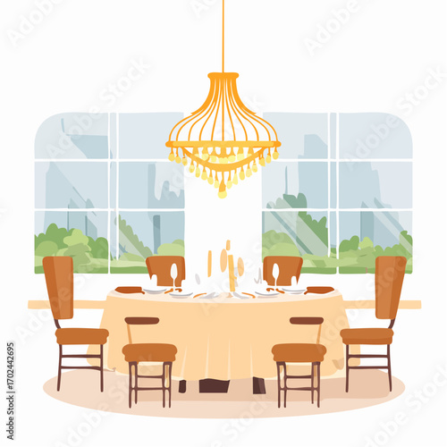 Elegant dining room with chandelier table setting and window view