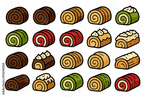 Colorful hand-drawn Swiss roll cake icons set with chocolate, vanilla, matcha, and strawberry flavors on gradient background