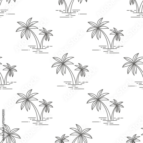 Seamless pattern with minimalist line art of tropical palm trees on a white background.