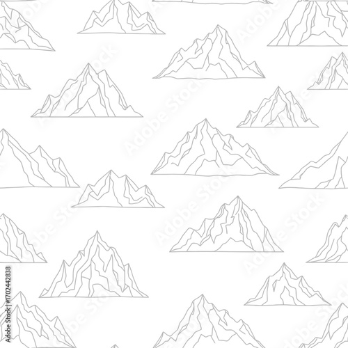 Seamless pattern of outlined mountain peaks on a white background, featuring various stylized mountain ranges in a simple line art style, ideal for backgrounds or textile designs.