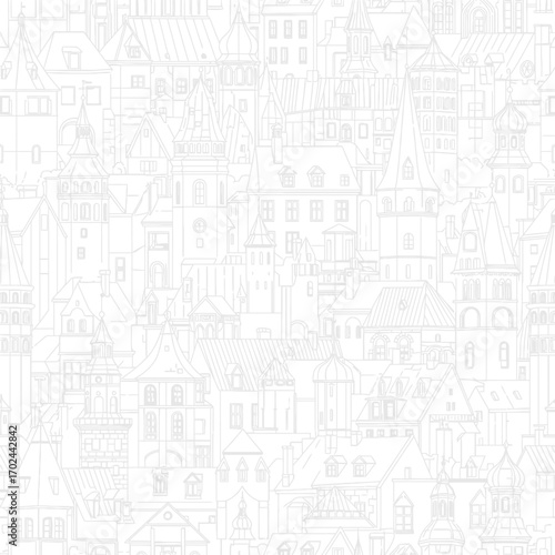 A subtle, seamless pattern of light gray line art depicting a dense, old-world European town with detailed buildings.