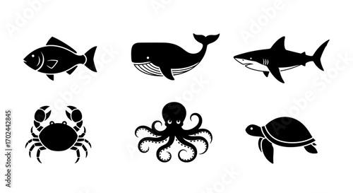 Marine Life Icons Fish, Whale, Shark, Crab, Octopus, Turtle