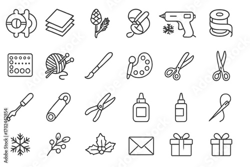 Craft and DIY icon set featuring tools, materials, holiday decorations, scissors, glue, yarn, ribbon, and paint palette on dark background