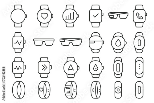 Wearable technology icon set featuring smartwatches, fitness trackers, AR glasses, and health monitoring devices on dark background
