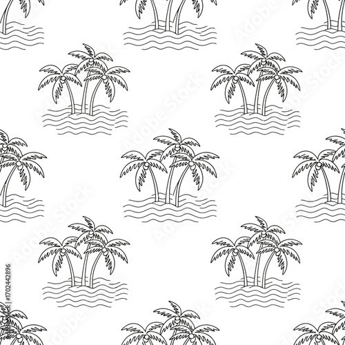 Seamless pattern of black and white outline drawings depicting small islands with palm trees and wavy water lines, creating a tropical and minimalist design.
