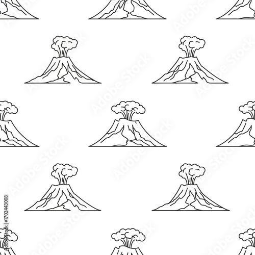 Seamless pattern of erupting volcanoes with smoke clouds, perfect for backgrounds and designs.