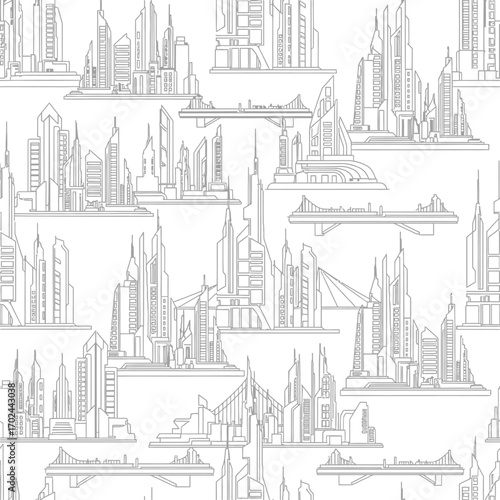 Seamless pattern of futuristic cityscapes with detailed line art skyscrapers and elevated bridges, creating a modern urban background.