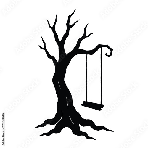 Spooky Halloween Tree Silhouette with Swing – Creepy Haunted Forest Illustration