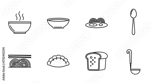 Collection of Line Art Food Icons Bowls, Noodles, Egg, Bread, and Utensils