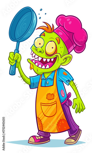 Cartoon zombie chef with ripped apron broken frying pan and missing teeth smile isolated humorous spooky design.svg