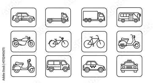 Vector Set of Transportation Icons, Black and White Outline Symbols