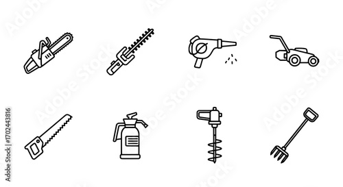 Gardening Tools Icons Collection Chainsaw, Hedge Trimmer, Blower, Lawn Mower & More
