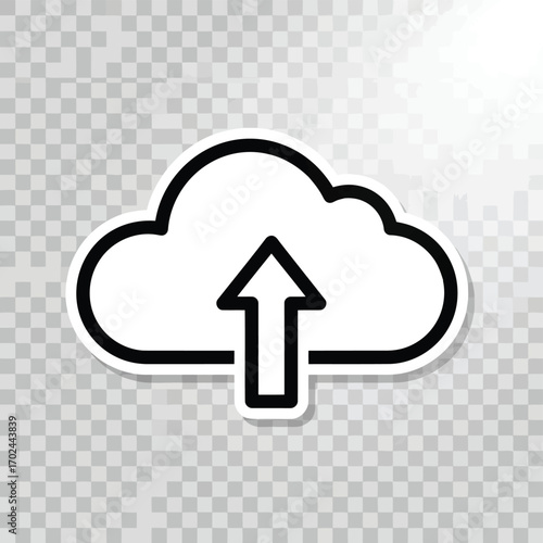 Vector illustration of cloud upload icon with a thick black outline and white fill, isolated on a transparent checkered background