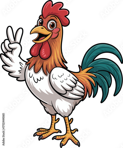 Cartoon rooster character, peace sign, white feathers, red comb, teal tail, cheerful expression, anthropomorphic pose, farm animal, comic style, vector art
