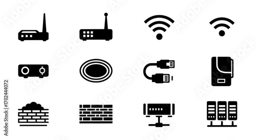 Network infrastructure icons routers, cables, servers, wifi