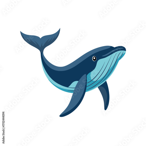 A cartoon illustration of a blue whale swimming, isolated on white background