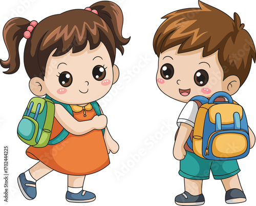 Cartoon schoolchildren illustration, boy and girl characters, student kids with backpacks, walking to school, vector design, educational clipart, stock image